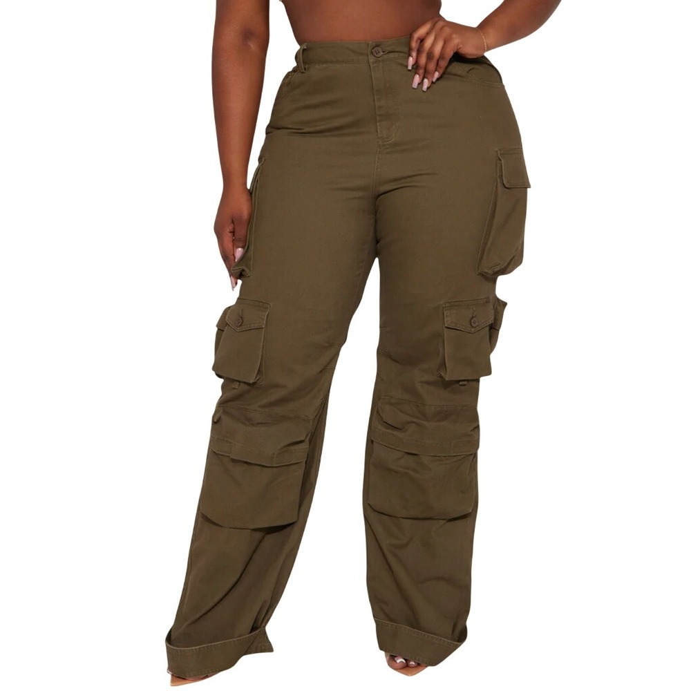NWT Fashion Nova WEEKENDER WIDE LEG CARGO PANTS Olive Green Hi-Rise Cotton 2X